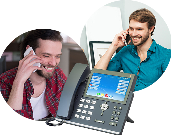 Employee using softphone app on smartphone inside open-plan office workspace